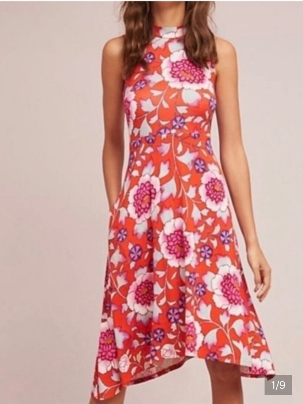 Maeve Anthropologie Floral Mock Neck Midi Dress Red Pink Large